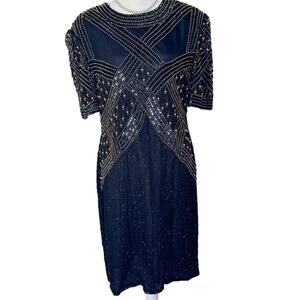 Laurence Kazar Black Vintage Beaded Sheath Peekaboo Back Silk Dress Size: Large